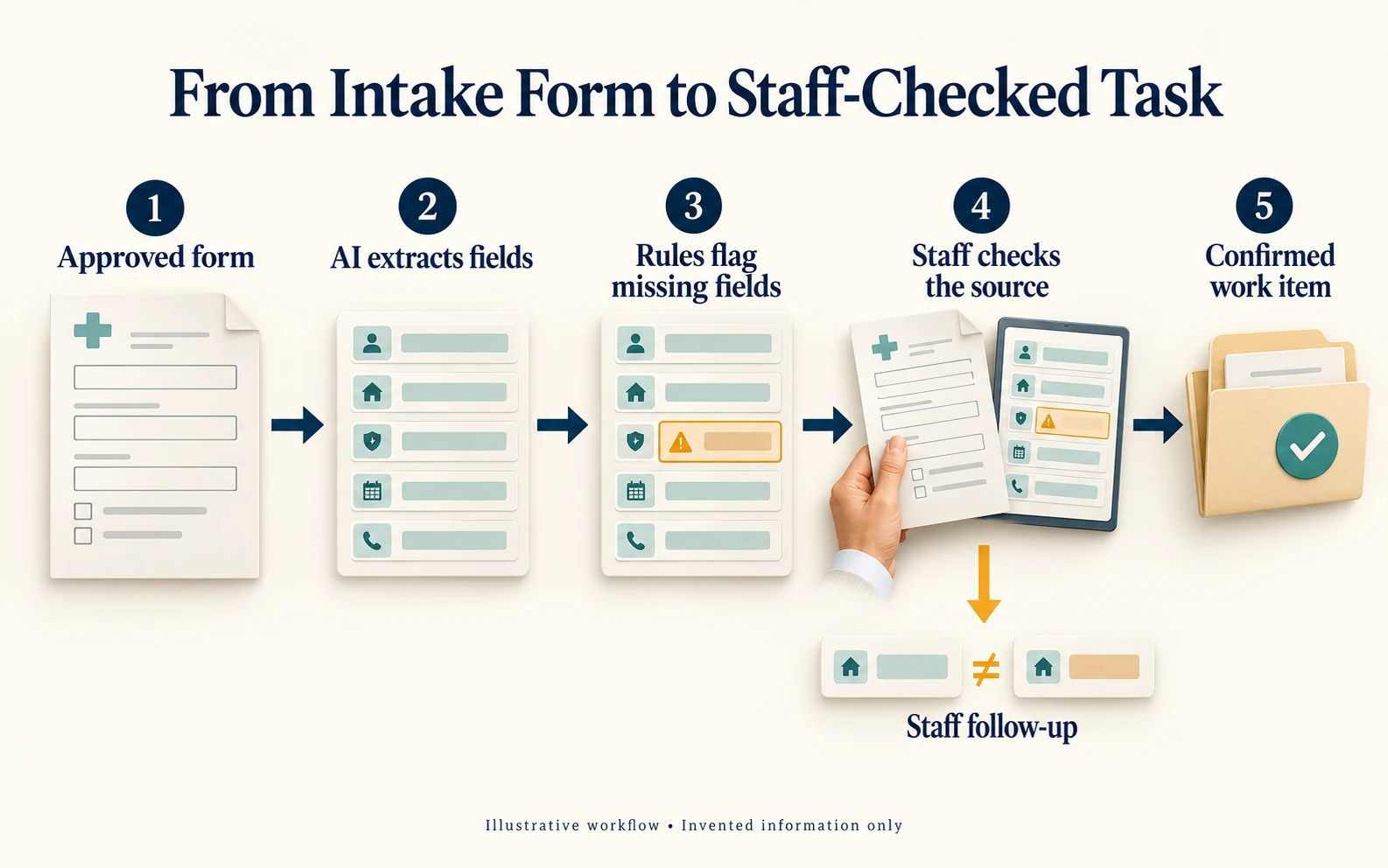 AI automation in healthcare intake, with field checks, staff review and a route for conflicting details.